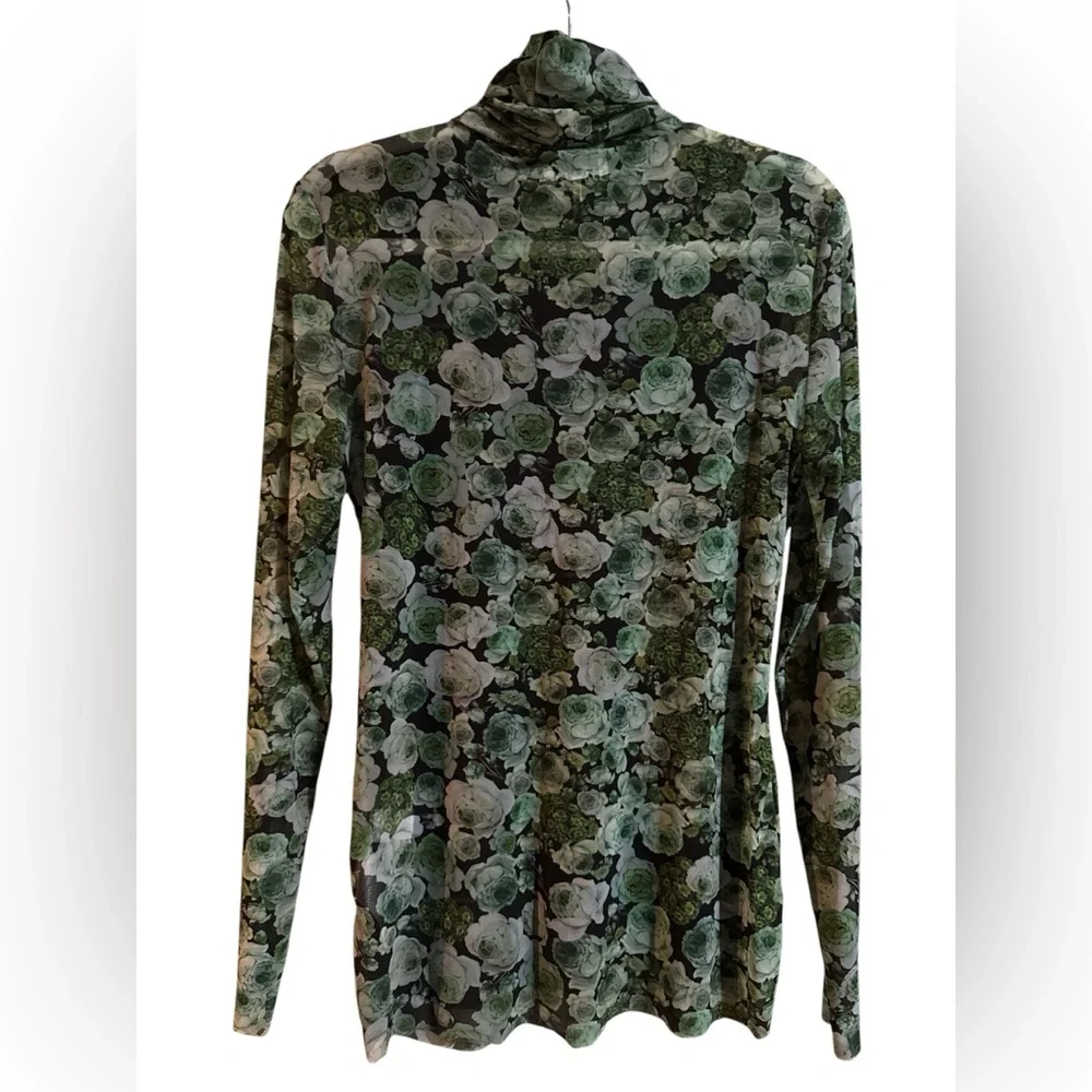 GANNI Floral Sheer Turtleneck Top Size 42 (Medium) Green Rose Mesh Stretch - Picture 3 of 6